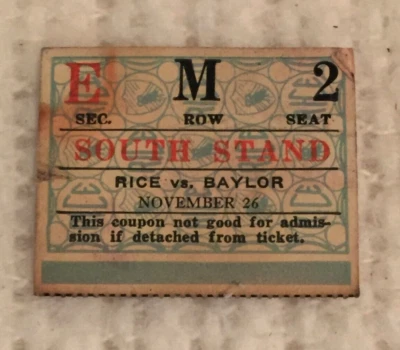 1932 Rice University Owls vs. Baylor University College Football Ticket Stub - Image 1 of 2