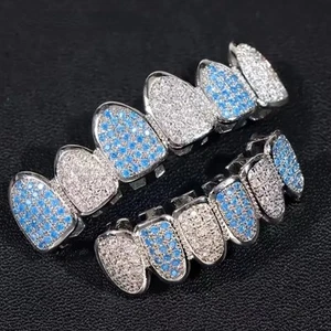 SOLID 925 Blue Ice Simulated Diamonds GRILLZ Teeth Top Bottom Set HipHop CZ - Picture 1 of 4