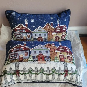 Two Christmas-Themed Tapestry Pillows Snowy Landscape Rectangle Blue Houses VTG - Picture 1 of 12