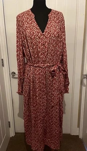 M&S Red & Cream Tile Print Midi / Maxi Dress - Size 20 - BNWT - Long Sleeve - Picture 1 of 5
