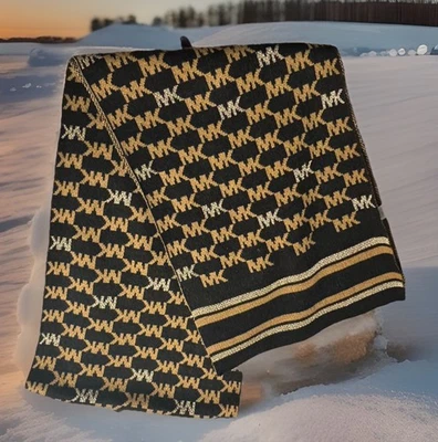 全新带标签 Michael Kors 女式骆驼/黑色/金色标志围巾:64 x 10.5,Ret。 78.00 美元 — 第 1/4 张图片