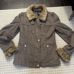 French Connection Ladies Biker Style Faux Fur Collar/Cuff Brown Jacket Sz 2 - Picture 1 of 3