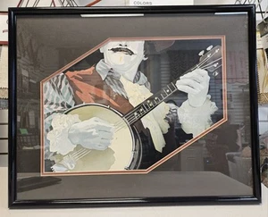 Impresión original vintage de los años 80 de un BANJO PLAYER ¡enmarañado y bien enmarcado! - Imagen 1 de 5