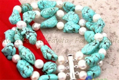3 ряда неправильной бирюзы бисер 7-8 мм белый барокко жемчуг браслет 7,5'' - Изображение 1 из 4