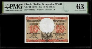 Albania 10 Lek 1940 PMG 63 UNC Pick # 11 Italian Occupation WWII - Imagen 1 de 4