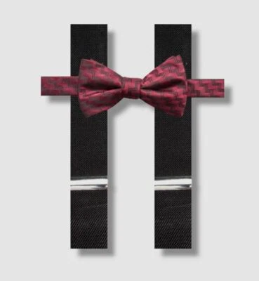 Juego de tirantes elásticos Alfani rojos geométricos con pajarita y clip para hombre Foto 1 de 2