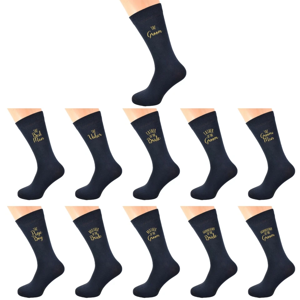 Navy Blue with GOLD Mens and Childs Wedding Socks in Various Roles N885 - Image 1 of 1