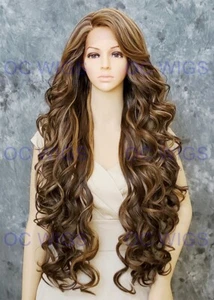Extra Long Loose Curly Lace Front Human Hair Blend Wig Light Brown/Blonde EVEZ - Picture 1 of 7