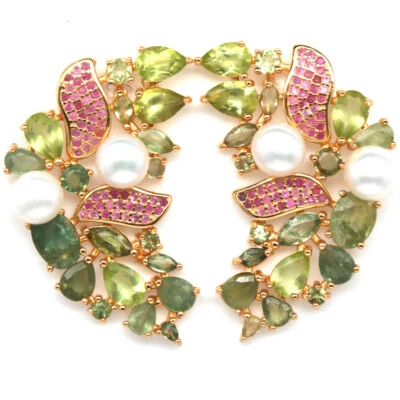 925 Sterlingsilber 6 Mm. Weiße Perle, Peridot & Saphir Ohrringe - Bild 1 von 4