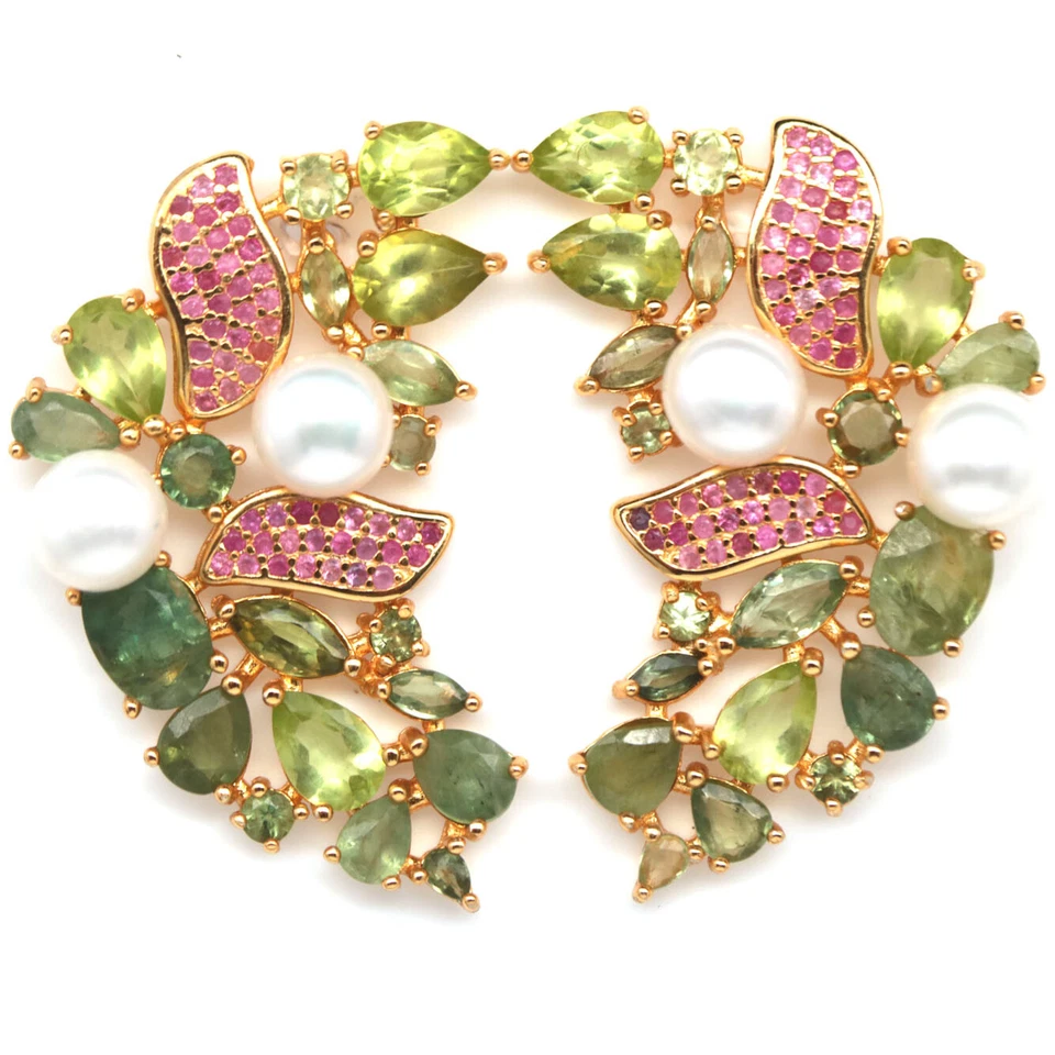 925 Sterlingsilber 6 Mm. Weiße Perle, Peridot & Saphir Ohrringe - Bild 1 von 4