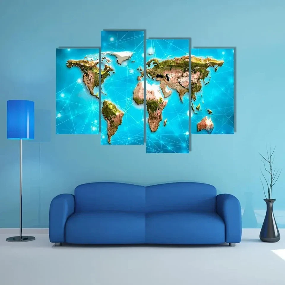 Digital World Map Illustration On Blue 4 Piece Panel Canvas Wall Art Photo Decor - Image 1 of 1