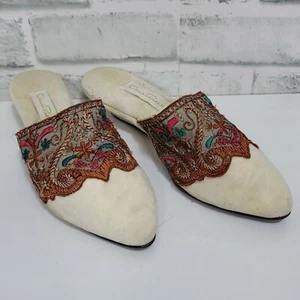 Vintage Oscar de la Renta Velvet Boudoir Slippers Boho Embroidery Slip On Mules - Picture 1 of 8