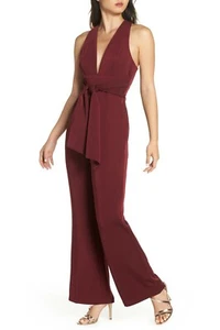 HARLYN Burgundy V-Neck Tie Waist Wide Leg Pants Jumpsuit L = 10/12 Nordstrom - Picture 1 of 6