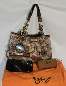 PAISLEY BROWN /YELLOW SHARIF PURSE TURTLE SHELL ACCENTS UMBRELLA AND MAKE UP BAG - Picture 1 of 11