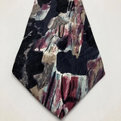 Gravata Halston masculina 100% seda geométrica preta borgonha clássica designer - Imagem 1 de 4