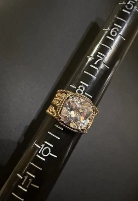 Wide Brass Colored, Ring,  Intricate Design Size 8 1/2 Large Clear Glass Stone - Image 1 of 4