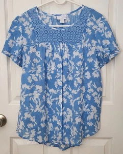 Liz Claiborne Damen Shirt, L, blau, weiß, geblümt, Rüschen Sl, Spitze Acc, transparent - Bild 1 von 8