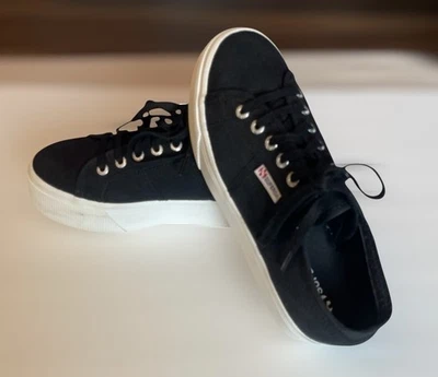 Superga 2790 Platform Casual Sneakers Size 8.5 Black Canvas Upper White 4cm Sole - Image 1 of 4