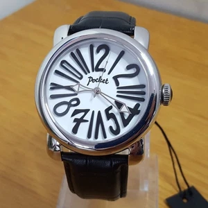 Herren XL Schwarz Leder Retro Pop-Art Silber Weiß Taschenuhr Grande PK3001 NEU - Bild 1 von 10