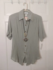 NWT VTG Joanna US Made Blouse Top Womens Green Button Up Crinkle Stretch Small - Picture 1 of 7
