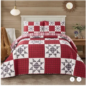 Country Primitive Star KING Patchwork Printed Lightweight Reversible Quilt Set - Picture 1 of 4