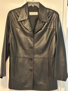 CHAQUETA DE CUERO NEGRA Franklin Allen para mujer ~ XL ~ Botón delantero ~ 2 bolsillos con abertura - Imagen 1 de 12