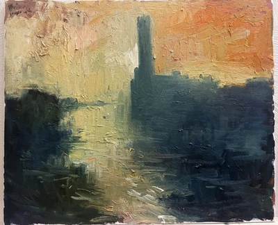 Pintura al óleo impresionista tonalismo Londres puesta de sol paisaje urbano sobre lienzo 20”x 24” Foto 1 de 3