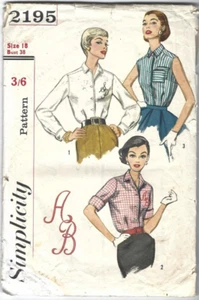 Simplicity Sewing Pattern 2195, Vintage 1950's Blouse, Size 18 Bust 38 - Picture 1 of 2