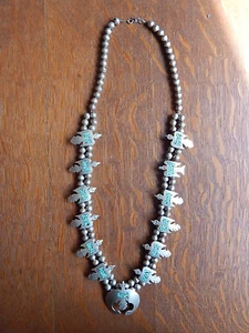 Collar de cuentas de perlas de plata esterlina con incrustaciones turquesa para pájaros acuáticos navajo - Imagen 1 de 10