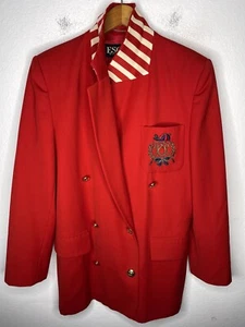 Escada 38 Red Double Breasted Blazer Jacket Equestrian Polo Crest Candy Cane VTG - Picture 1 of 9