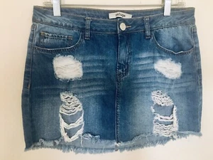 Refuge Women’s Distressed Denim Jean Skirt Size Large Fray Hem - Picture 1 of 7