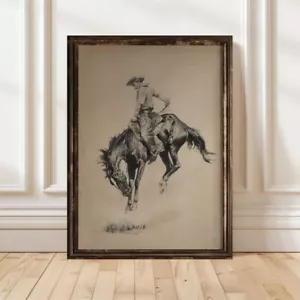 Western Wall Art Print, Cowboy Riding Bucking Bronco Vintage poster no frame - Picture 1 of 4