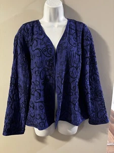 Chicos Design Womens Blazer Jacket Sz 2 Sz M Royal Blue Black Embroidered Silk - Picture 1 of 16