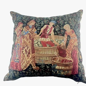 Almohada de tapiz belga The Wine Press III vendimia medieval 18x18" - Imagen 1 de 7