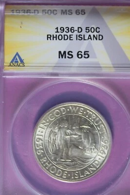 1936 D- ANACS 50C MS65 RHODE ISLAND COMMEMORATIVE HALF DOLLAR #B44316 - Image 1 of 2