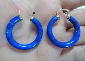 14K Yellow Gold, Lapis Lazuli, Vintage Hoop Earrings Set. (FOR REPAIR).