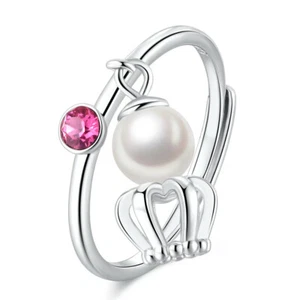 Anillo Abierto Ajustable Real Plata de Ley 925 Perla Fresca Dije Rosa Circonita - Imagen 1 de 5