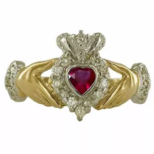 1 Ct Heart Shaped Lab-Created Ruby Claddagh Wedding Ring 14k Yellow Gold Plated - Picture 1 of 2