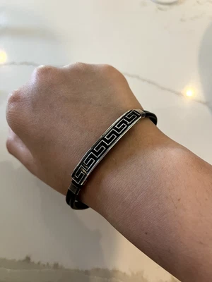 Brazalete grande con llave griega de plata de ley con goma para hombre 7,25 flexible Foto 1 de 3