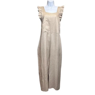 Milva Mi Italy Wide-Leg Jumpsuit 100% Linen Ruffle Pockets Open Back Zip Beige - Image 1 of 4