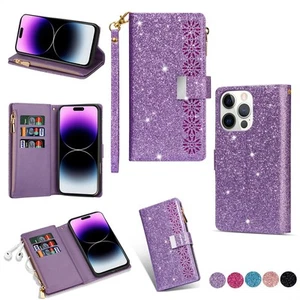 For Various Phone Zipper Flip Card Wallet Case Laser Glitter Stand Bag Cover Hot - Picture 1 of 25