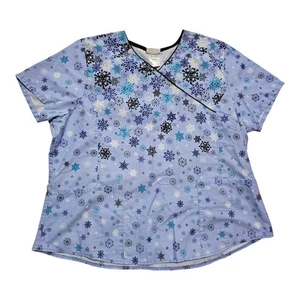 Scrubstar Christmas Scrub Top 2X Blue Multicolor Snowflakes Nursing Uniform - Picture 1 of 5