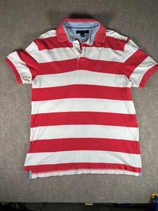 Tommy Hilfiger Polo Shirt Mens L Red White Stripe Short Sleeve - Picture 1 of 9