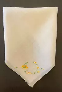 Vintage Women's Handkerchief White Cotton Embroidered Yellow Buttercup Spray - Picture 1 of 8