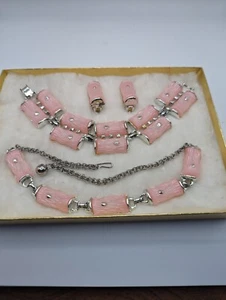 Vintage Bubble Gum Pink Thermoset Plastic Studded Twiggy Parure - Picture 1 of 5