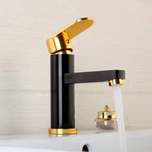 Grifo mezclador montado en cubierta negro dorado para lavabo con orificio de manija para lavabo de baño - Imagen 1 de 11