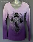 New Vocal Womens Crystal Purple Tie Dye Ombre Lace Cross Shirt Bling S M L