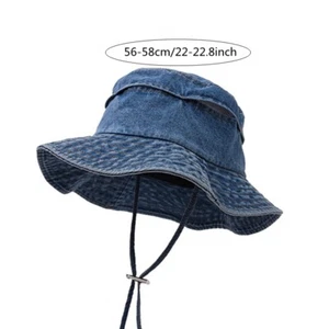 Lady Vintage Denim Bucket Hat with Chin Strap Breathable Sun Protection Cap Chic - Picture 1 of 14