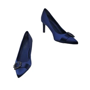 Anne Klein Womens Midnight Blue Satin Pointed-Toe 3" Heels Formal Buckle Sz 9.5 - Picture 1 of 12
