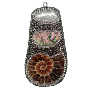 Ammonite Gemstone White Pearl Abalone Shell Pave Rhinestone Pendant - Picture 1 of 6